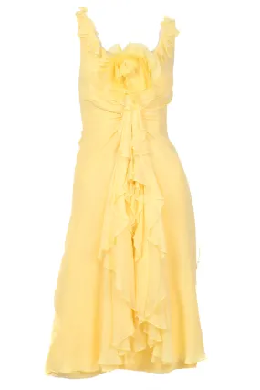 2000s Vintage Y2K Yellow Silk Chiffon Dress W Ruffles & Flower