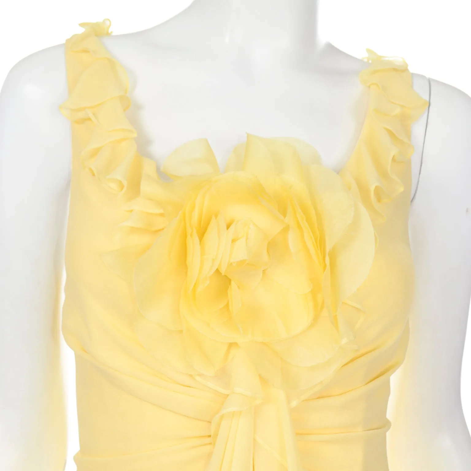 2000s Vintage Y2K Yellow Silk Chiffon Dress W Ruffles & Flower