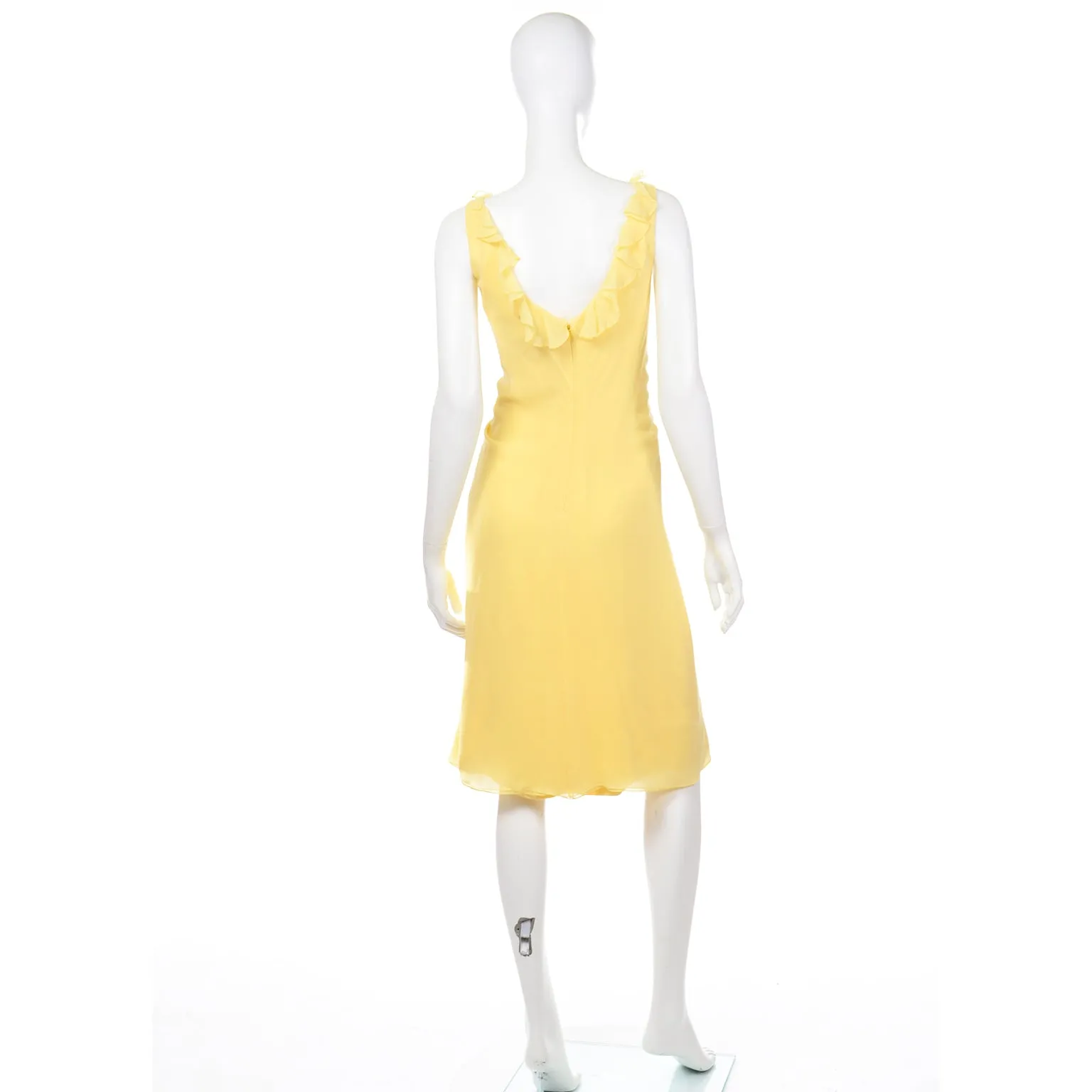 2000s Vintage Y2K Yellow Silk Chiffon Dress W Ruffles & Flower