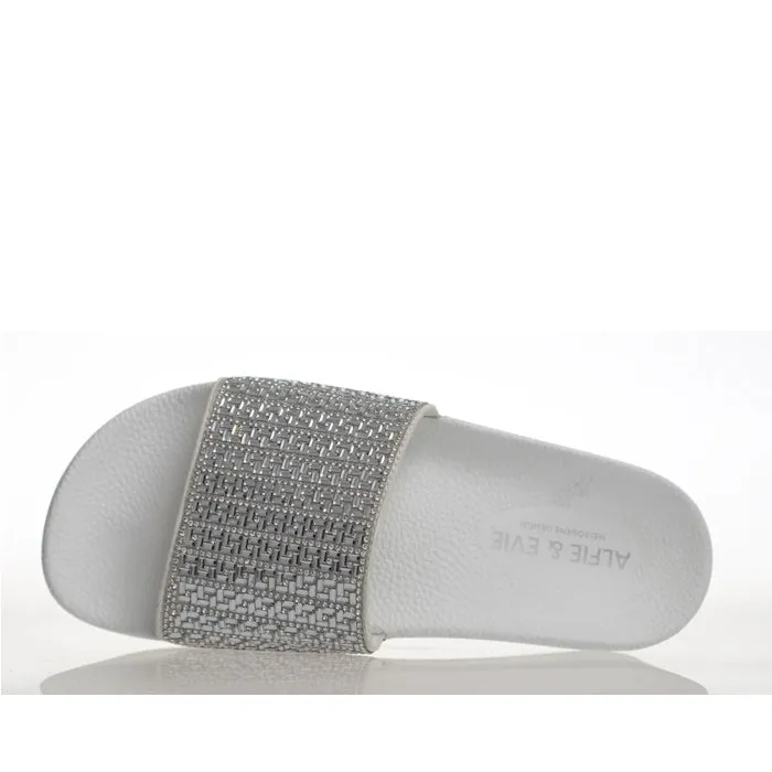 Alfie & Evie Billie White SIiver Diamante Slide - Slight Arch Support