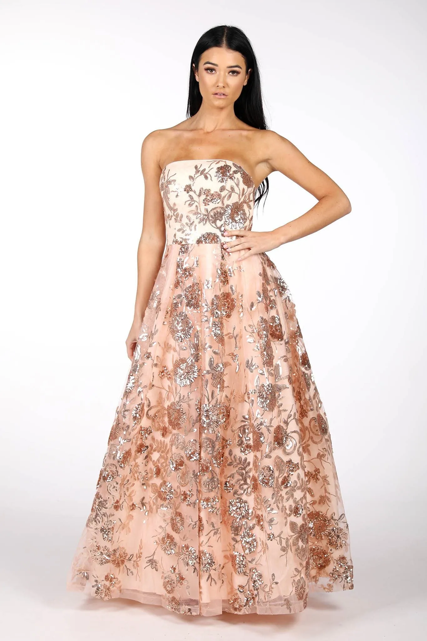 AMAYA Strapless Sequin Ball Gown - Rose Gold