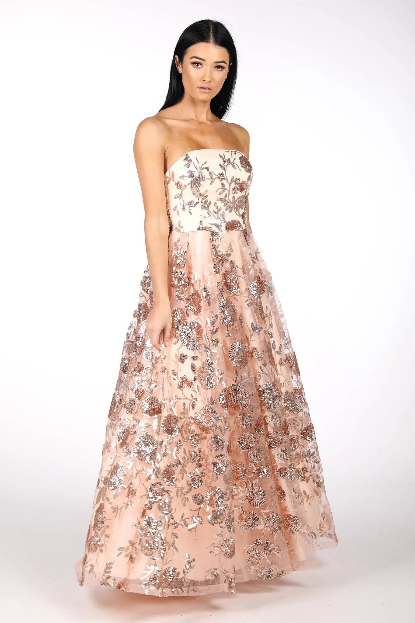 AMAYA Strapless Sequin Ball Gown - Rose Gold