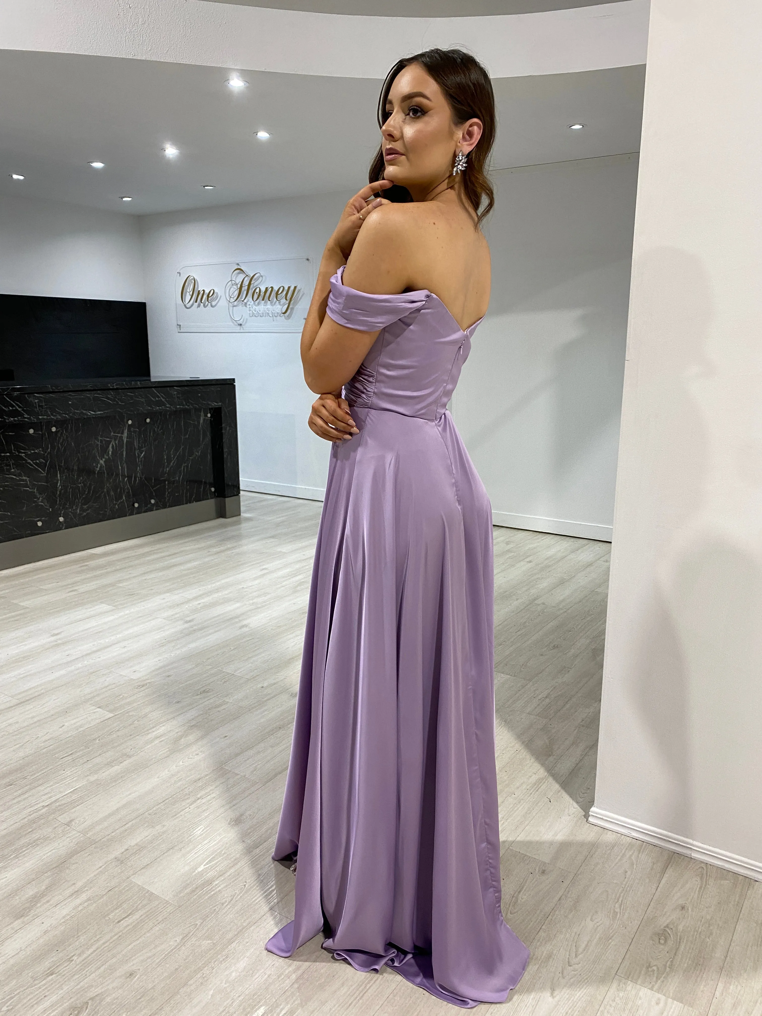 AURA Off the Shoulder Silky A Line Bridesmaid Formal Dress