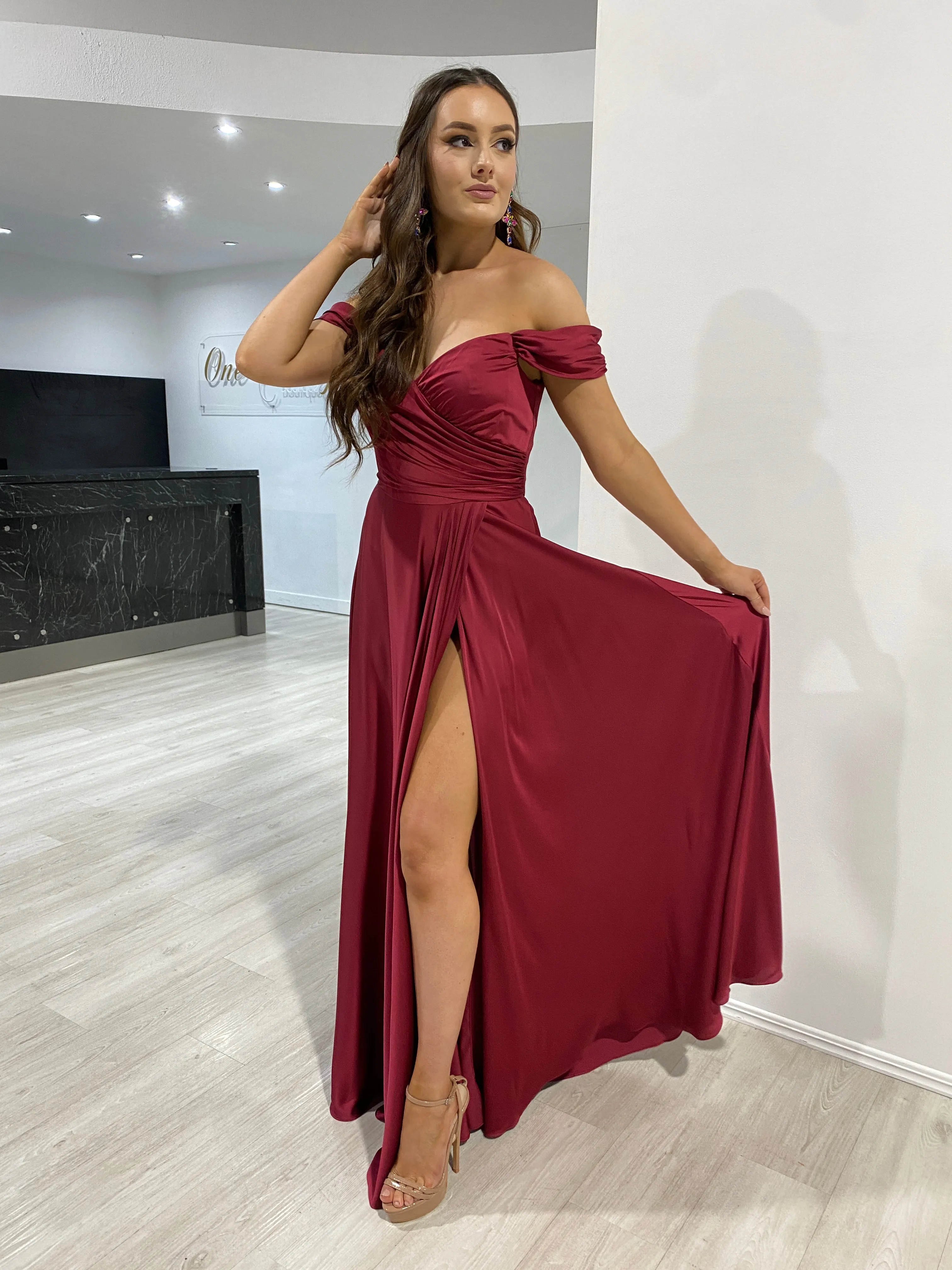 AURA Off the Shoulder Silky A Line Bridesmaid Formal Dress