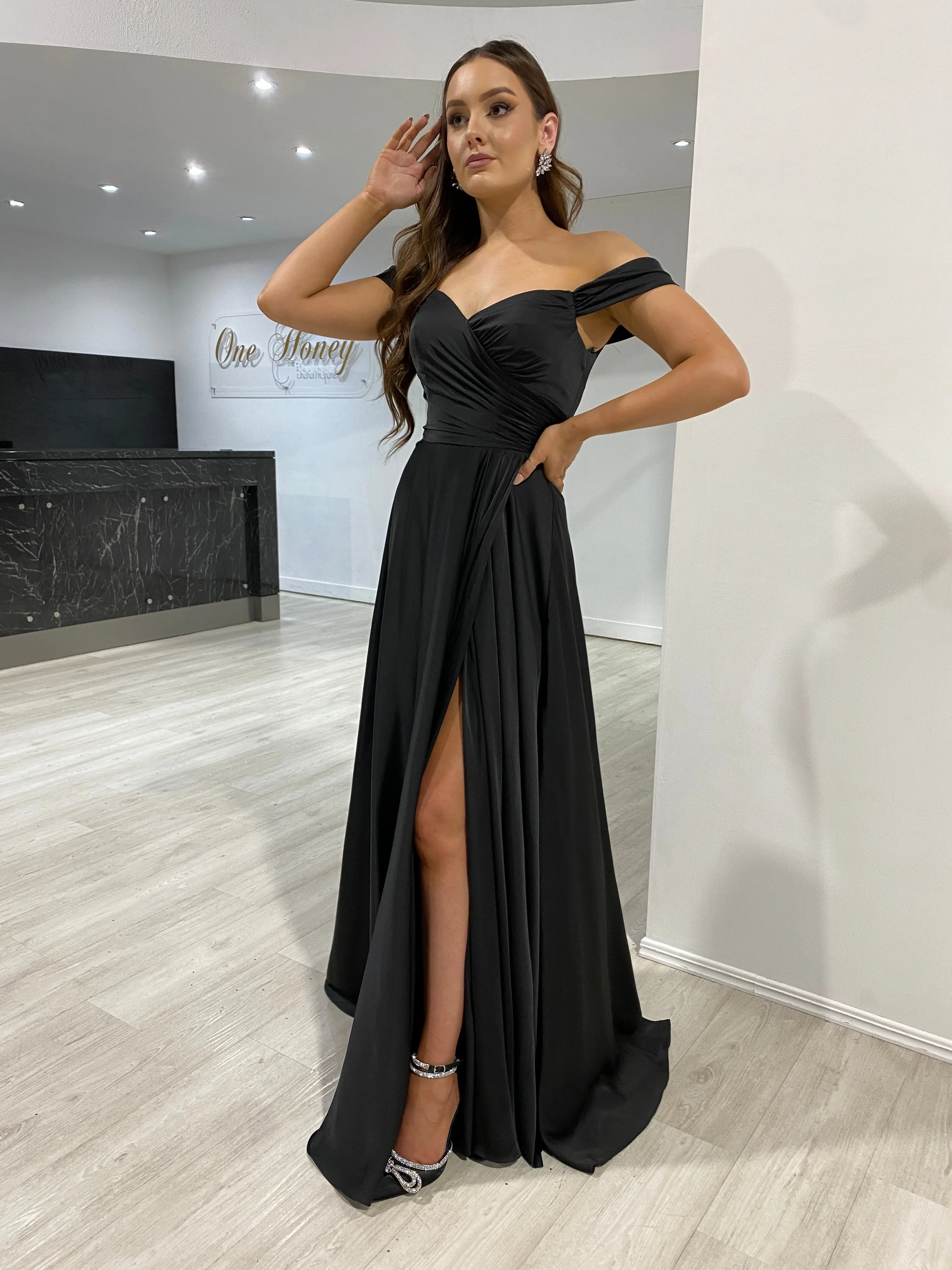 AURA Off the Shoulder Silky A Line Bridesmaid Formal Dress