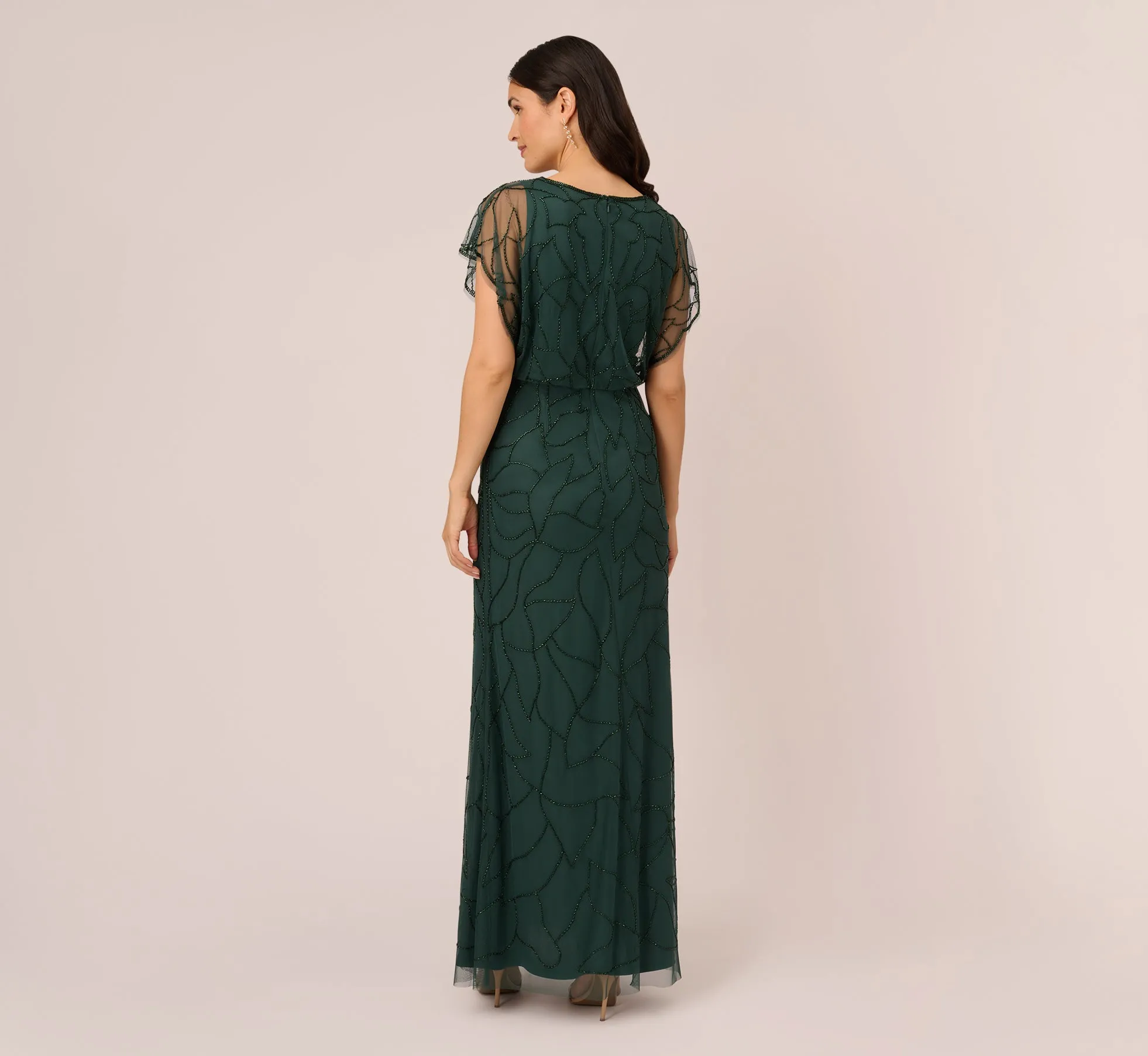 Beaded Blouson Mermaid Gown With Sheer Dolman Sleeves In Dusty Emerald