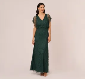 Beaded Blouson Mermaid Gown With Sheer Dolman Sleeves In Dusty Emerald