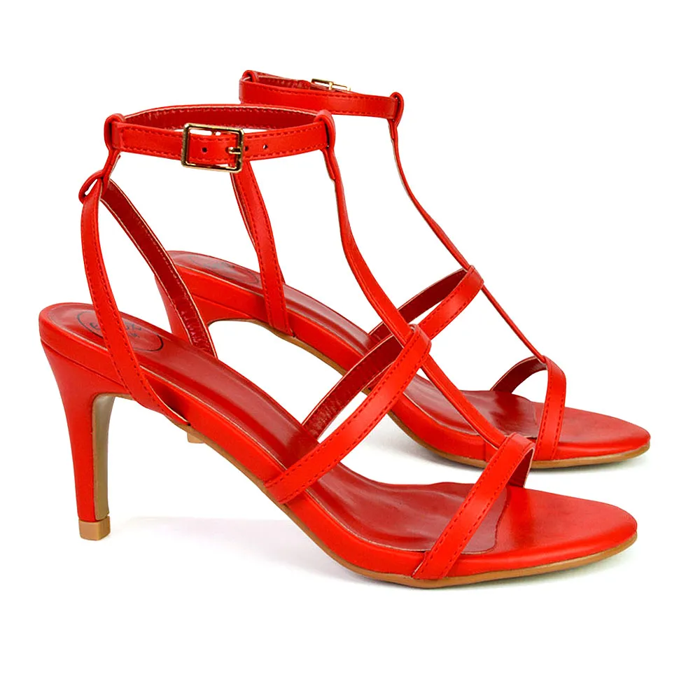 Beaux Caged Cut Out Detail Mid High Heel Stiletto Ankle Strappy Sandals in Red