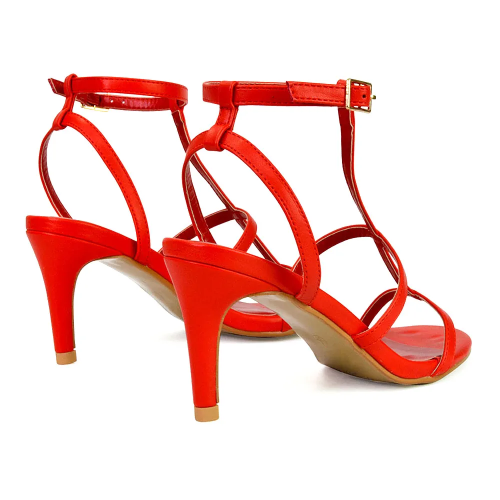 Beaux Caged Cut Out Detail Mid High Heel Stiletto Ankle Strappy Sandals in Red