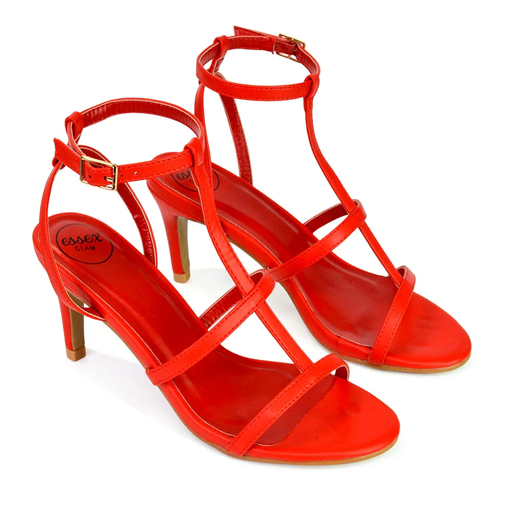 Beaux Caged Cut Out Detail Mid High Heel Stiletto Ankle Strappy Sandals in Red