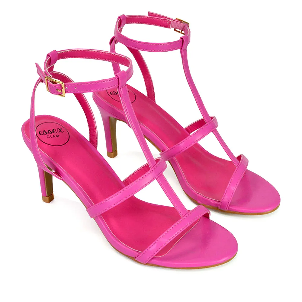 Beaux Caged Cut Out Detail Mid High Heel Stiletto Ankle Strappy Sandals in Red