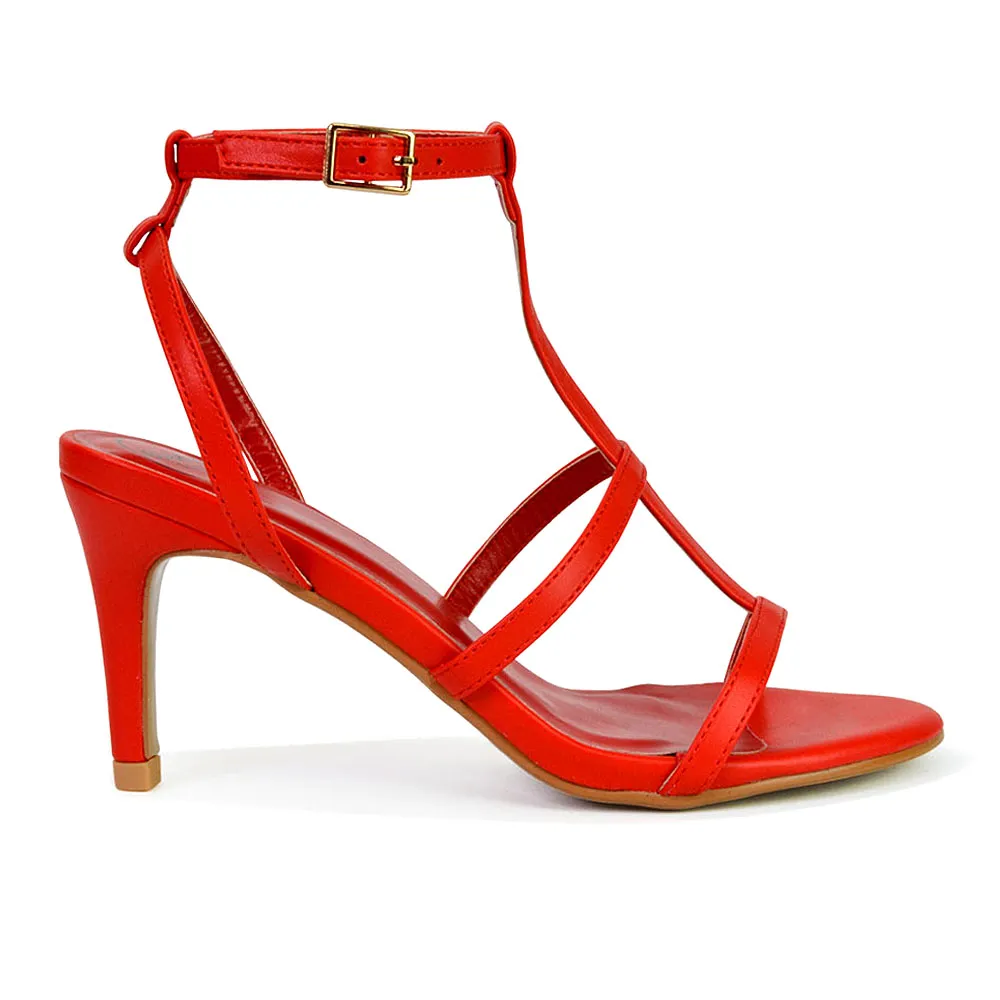 Beaux Caged Cut Out Detail Mid High Heel Stiletto Ankle Strappy Sandals in Red