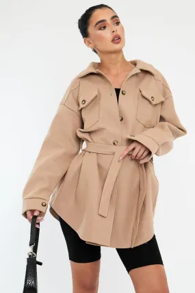 Beige Belted Pocket Front Shacket - Meera