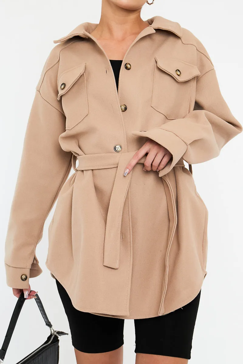 Beige Belted Pocket Front Shacket - Meera