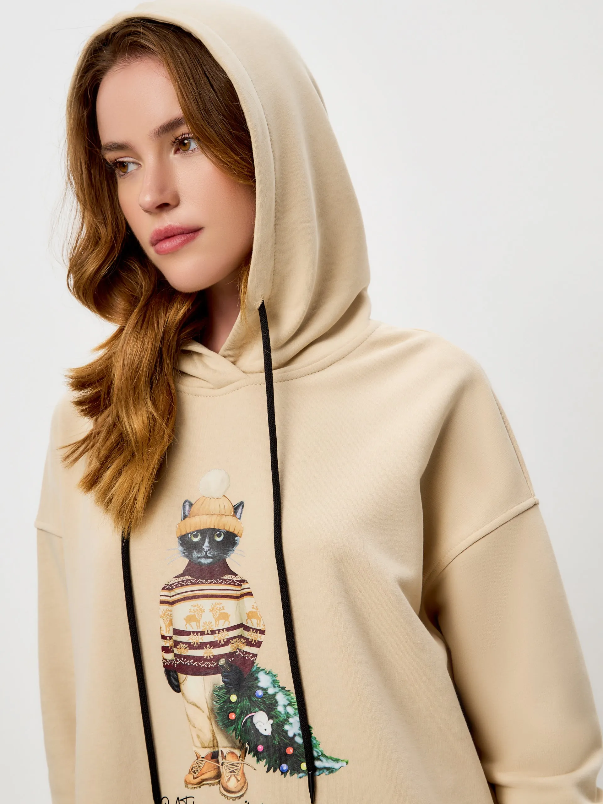 Beige Printed Oversized Hoodie CHRISTMAS CAT