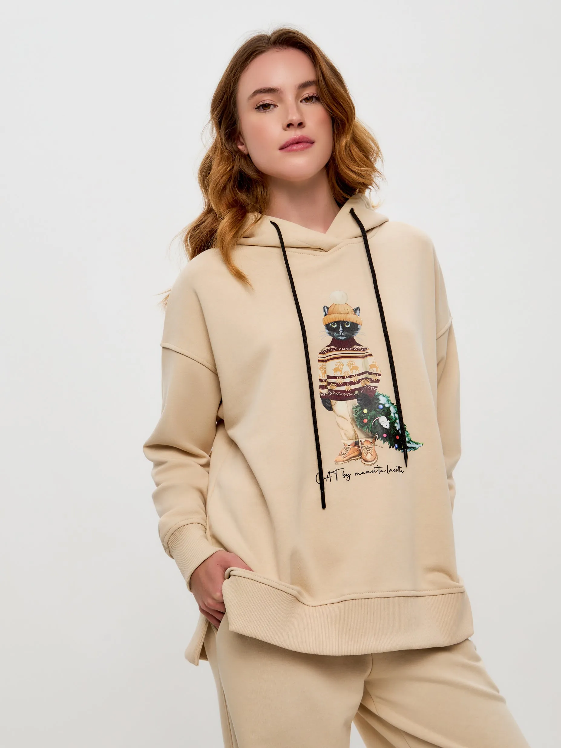 Beige Printed Oversized Hoodie CHRISTMAS CAT