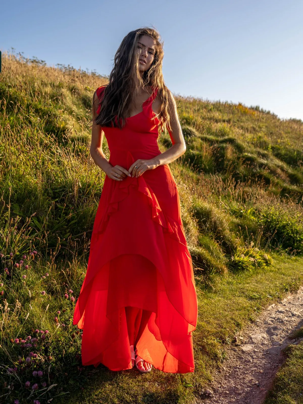 Bella Ruffle Detail Maxi Dress in Red