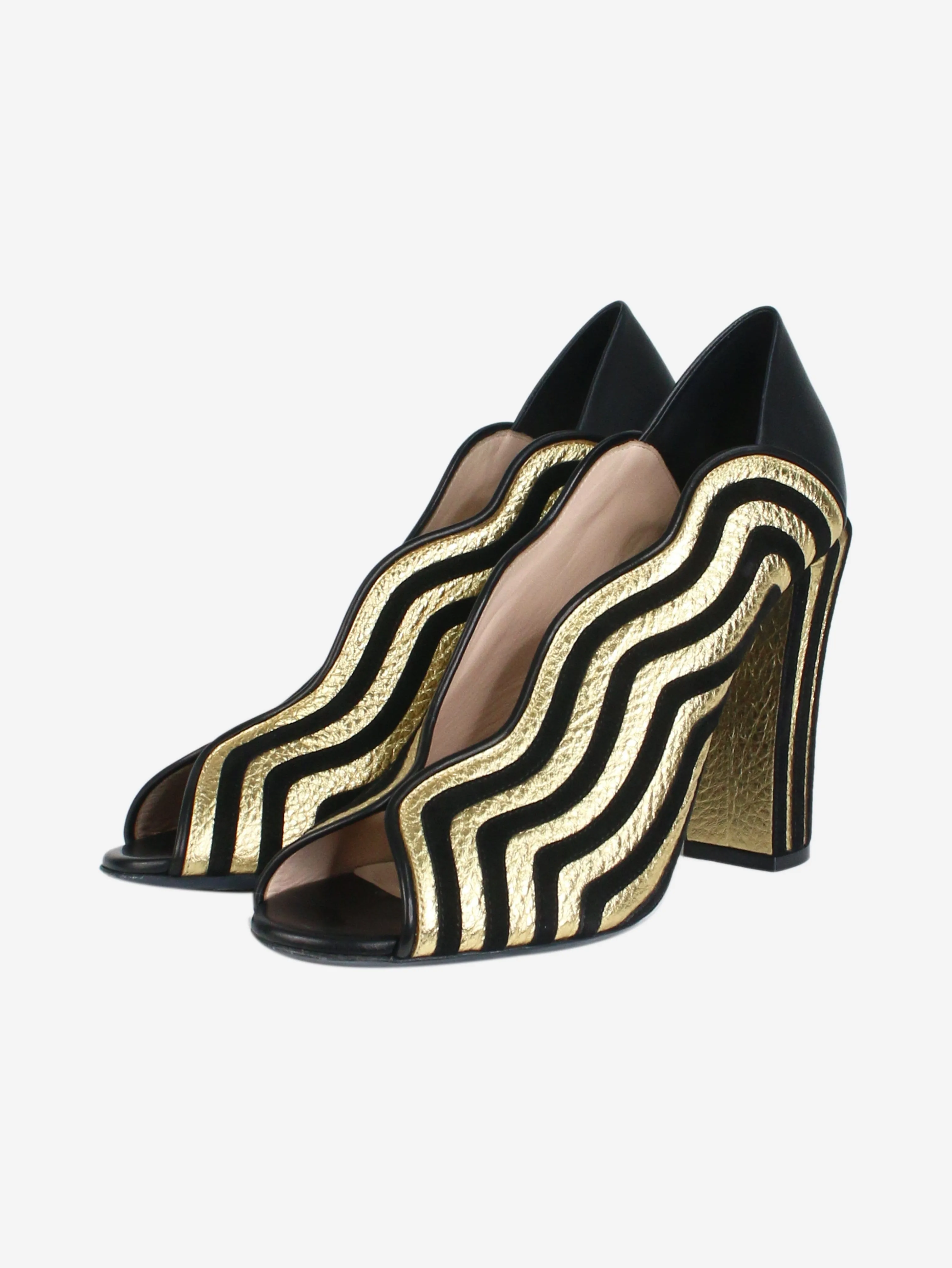 Black and gold wavy open-toe pumps - size EU 41