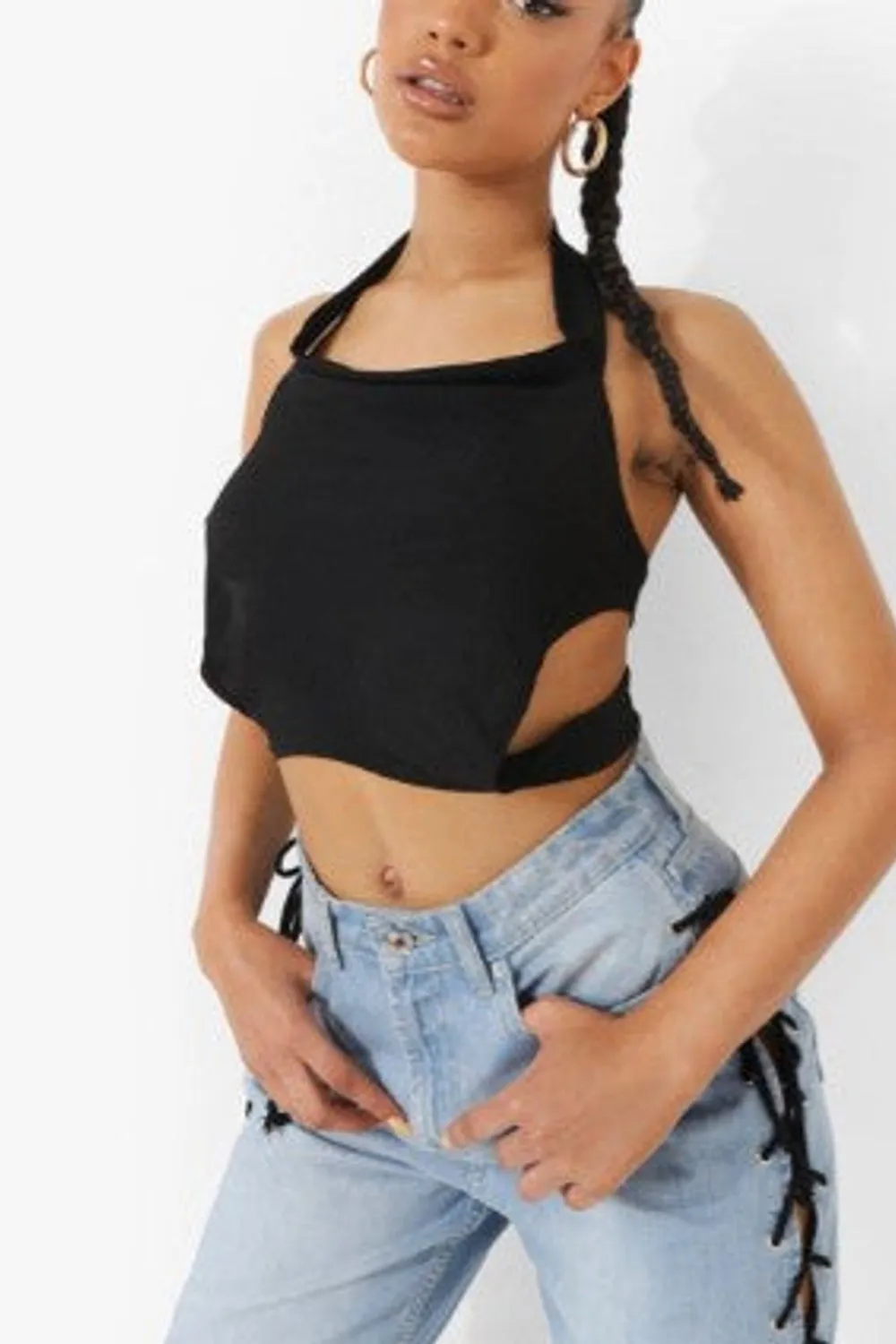 Black Cross Detail Open Back Crop Top