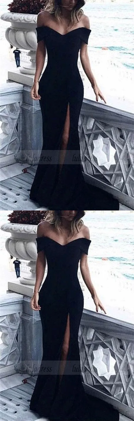 Black Jersey Mermaid V-neck Prom Dresses Off The Shoulder Evening Gowns,BD98167