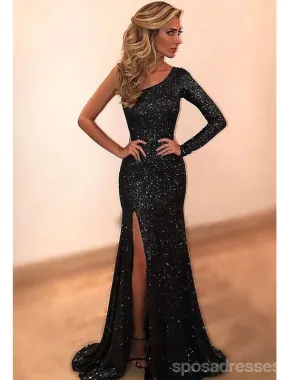 Black Mermaid Long Sleeves Side Slit Cheap Prom Dresses Online,12960