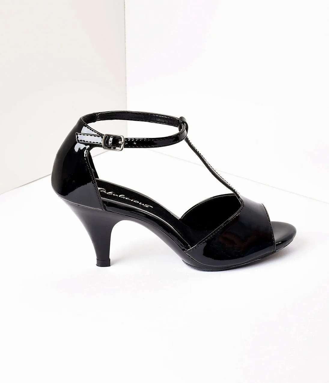 Black Patent Leatherette Peep Toe T-Strap Sandal Heels