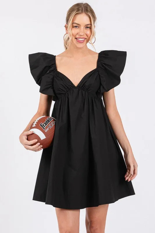 Black Poplin Ruffle Sleeve Tie Back Dress