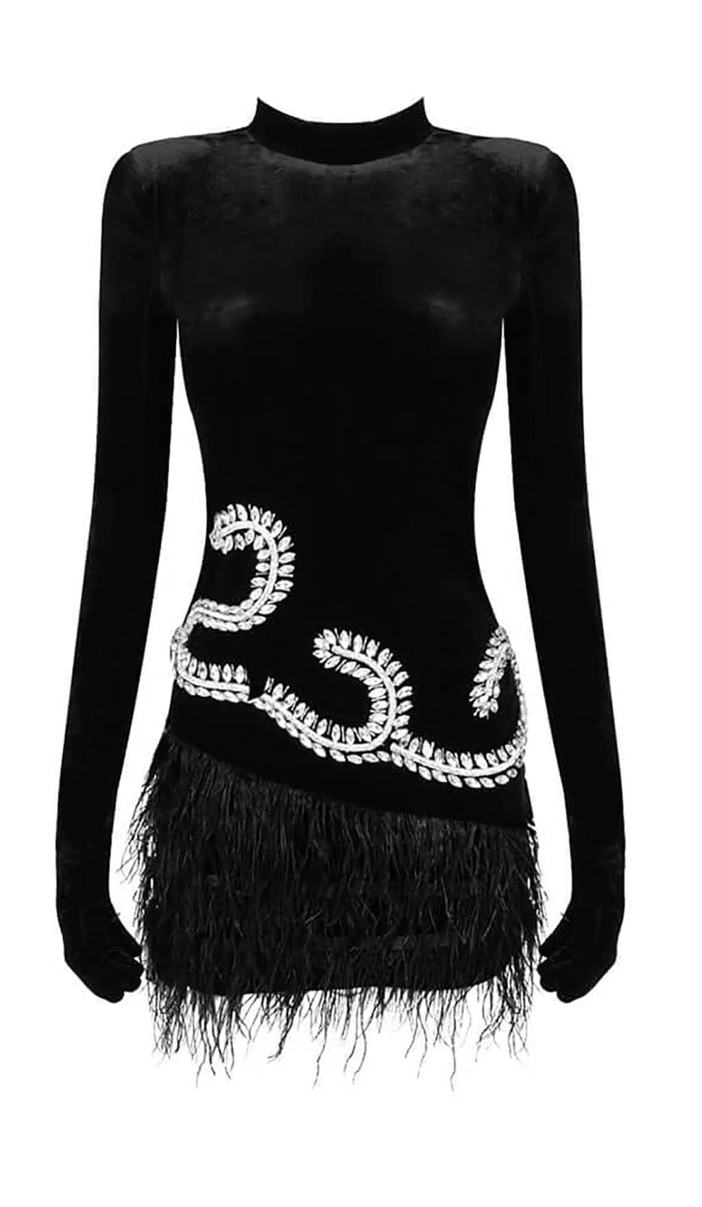 BLACK VELVET FEATHER GLOVES MINI DRESS