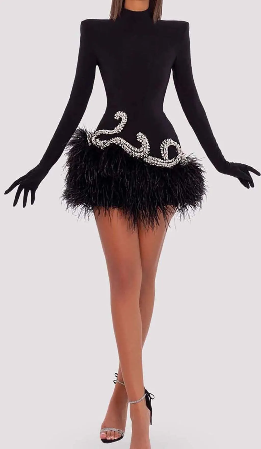 BLACK VELVET FEATHER GLOVES MINI DRESS