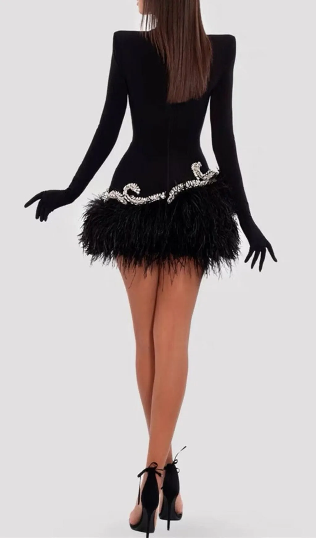 BLACK VELVET FEATHER GLOVES MINI DRESS