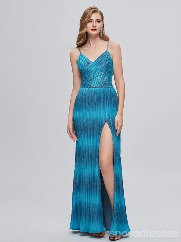 Blue Mermaid Spaghetti Straps Side Slit V-neck Cheap Prom Dresses,12990