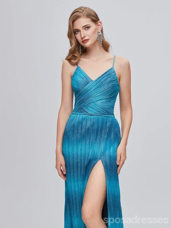 Blue Mermaid Spaghetti Straps Side Slit V-neck Cheap Prom Dresses,12990