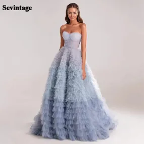 Blue Prom Dresses Tiered Ruffles Tulle  Pleat Ruched A-Line Backless Saudi Arabic Women Party Evening Gowns