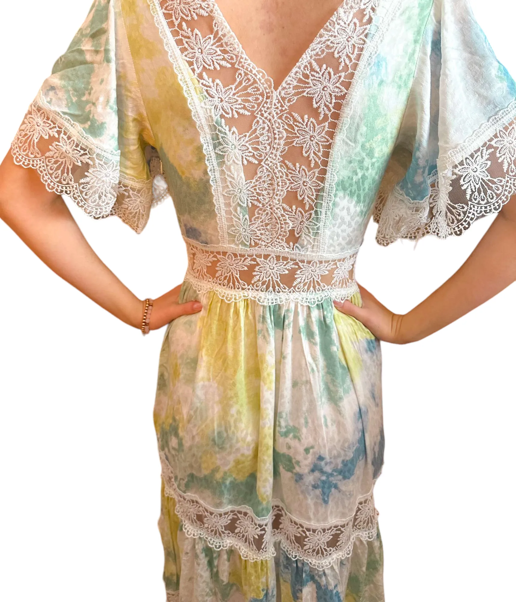 Bohemian Dream: V-Neck Tie-Dye Maxi Dress with Angel Lace Sleeves