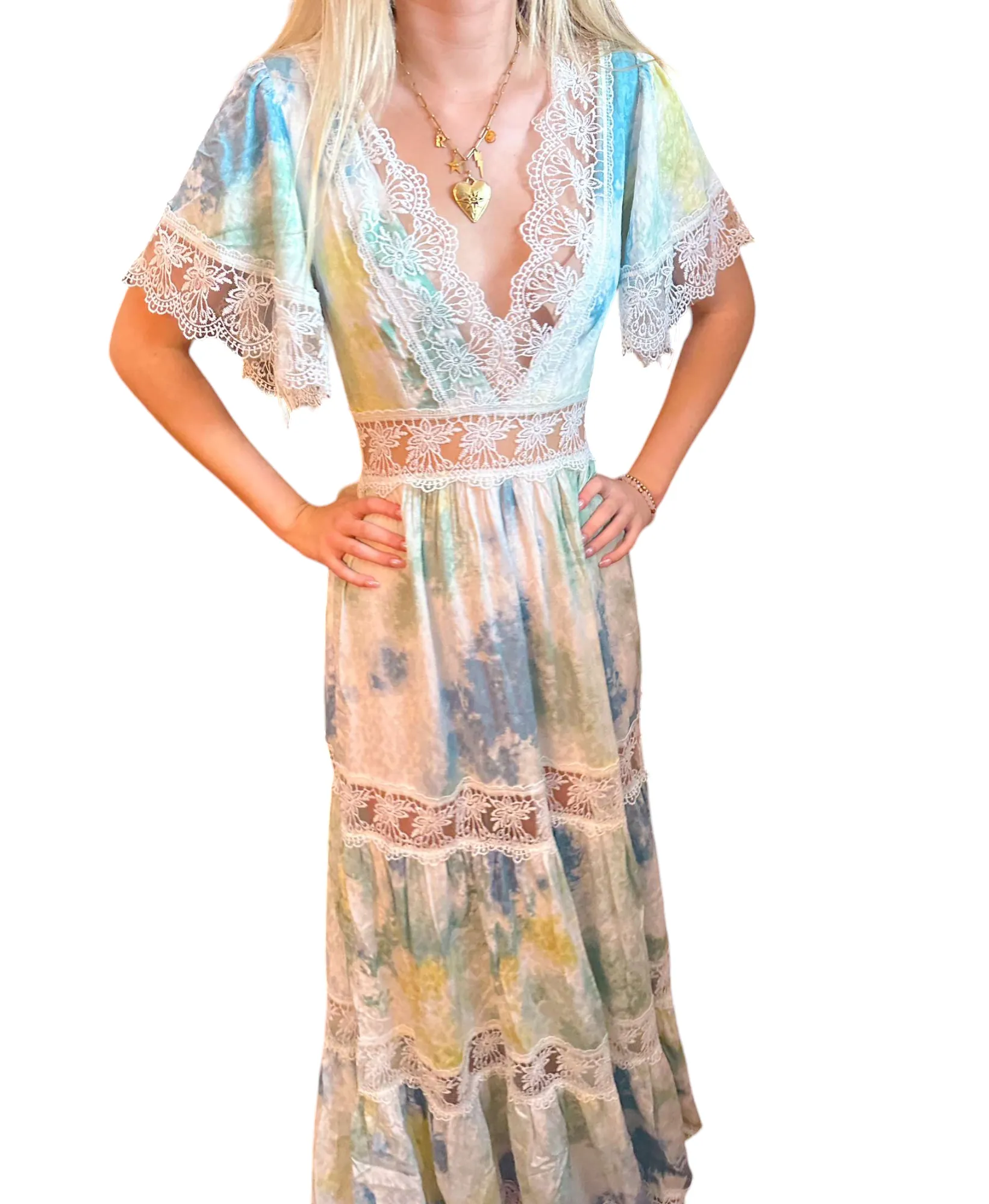 Bohemian Dream: V-Neck Tie-Dye Maxi Dress with Angel Lace Sleeves