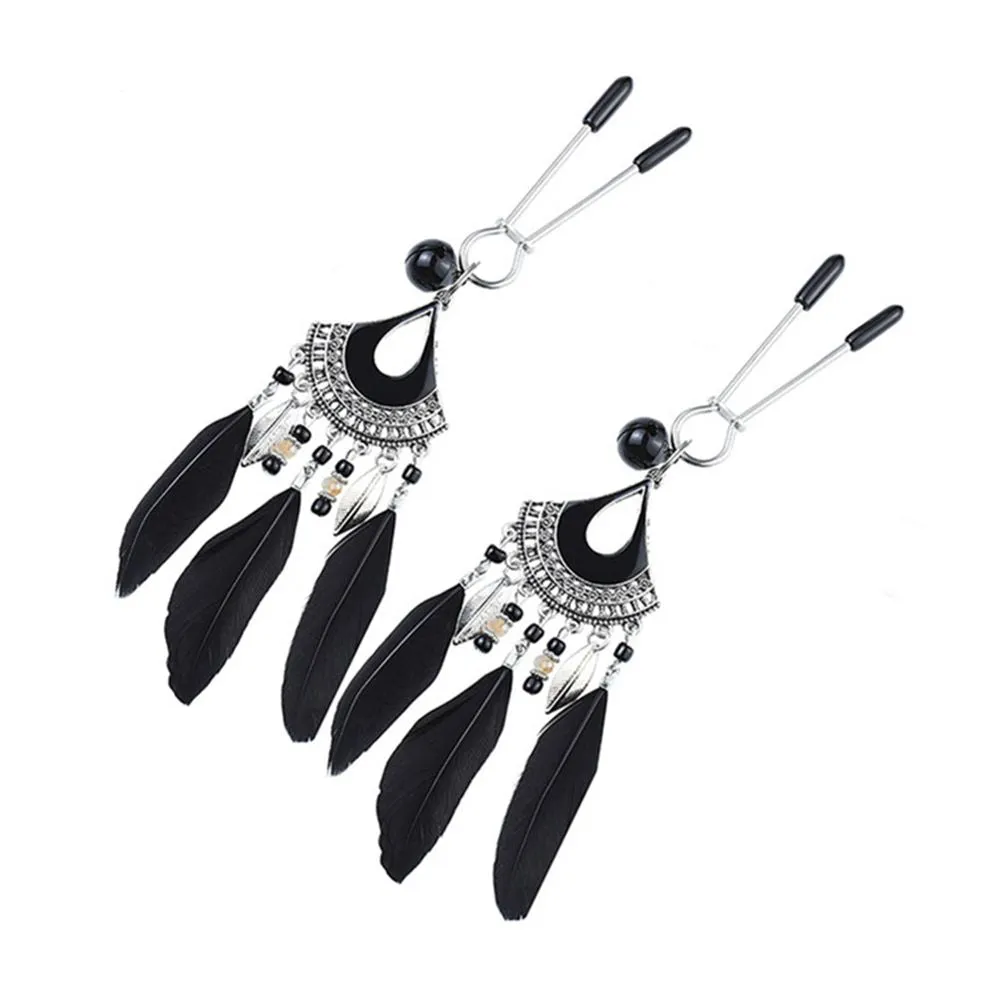 Boho Style Black Feather Tweezer Nipple Clamps