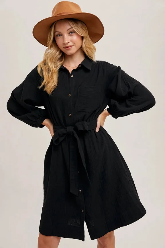 Button Down Tie Waist Shirt Midi Dress