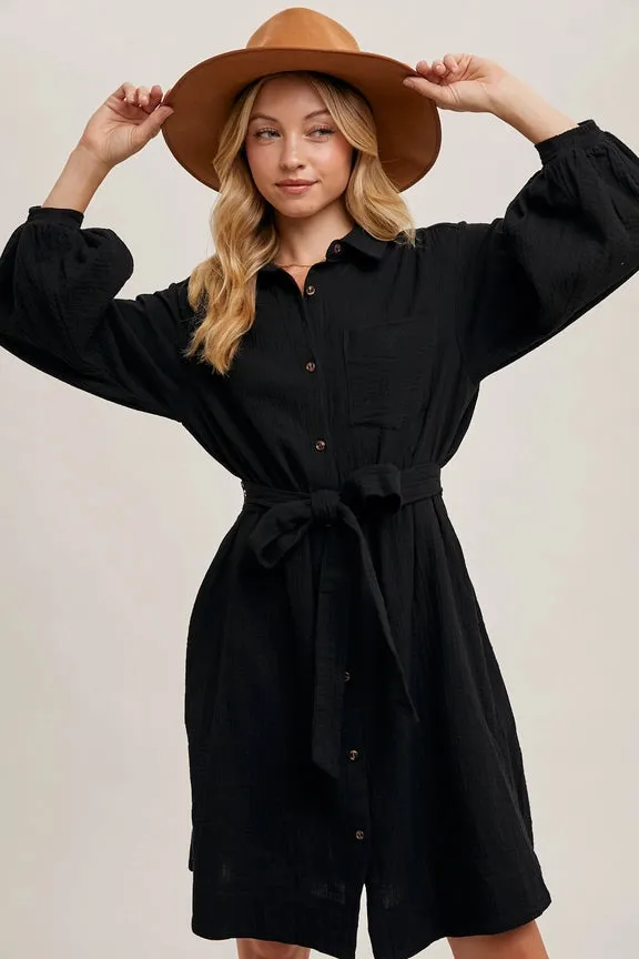 Button Down Tie Waist Shirt Midi Dress