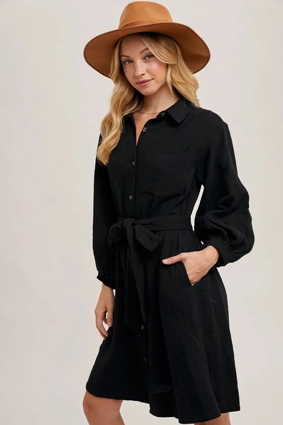 Button Down Tie Waist Shirt Midi Dress