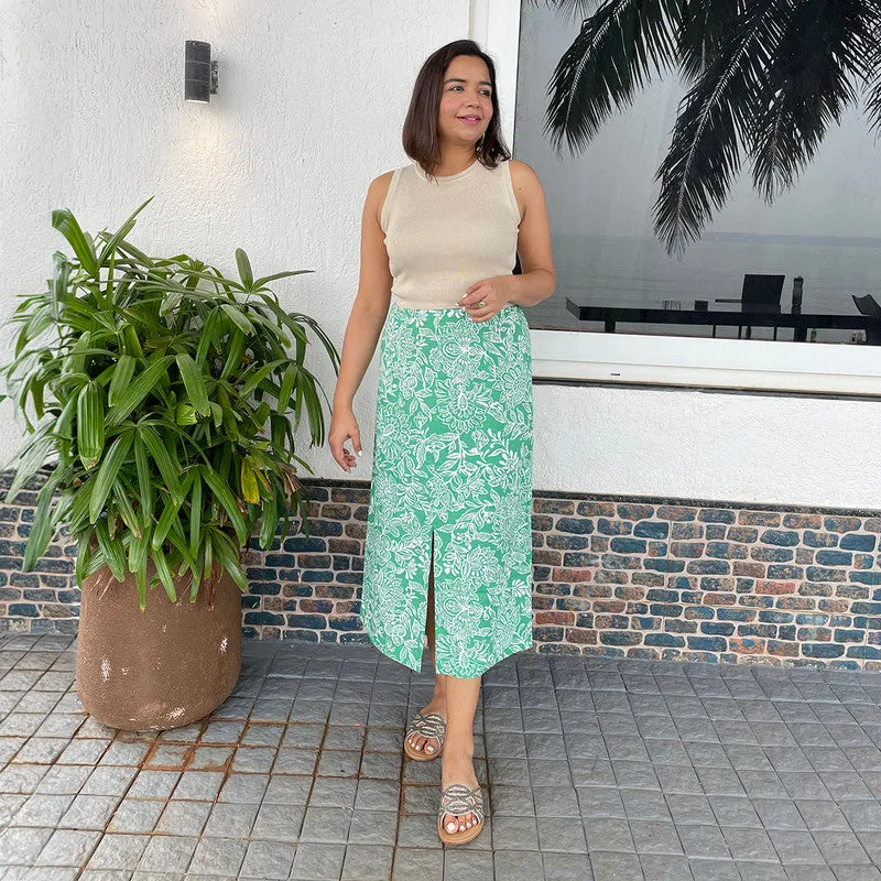 Cotton Linen Printed Midi Skirt For Women | Green | Front Slit