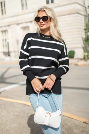 Crushing On You Black And Ivory Striped Crew Neck Sweater FINAL SALE