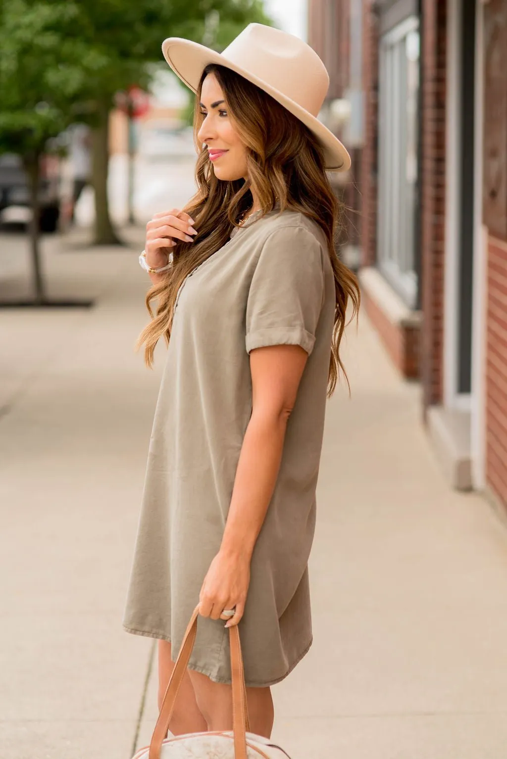 Cuffed Sleeve V-Neck Shirt Dress