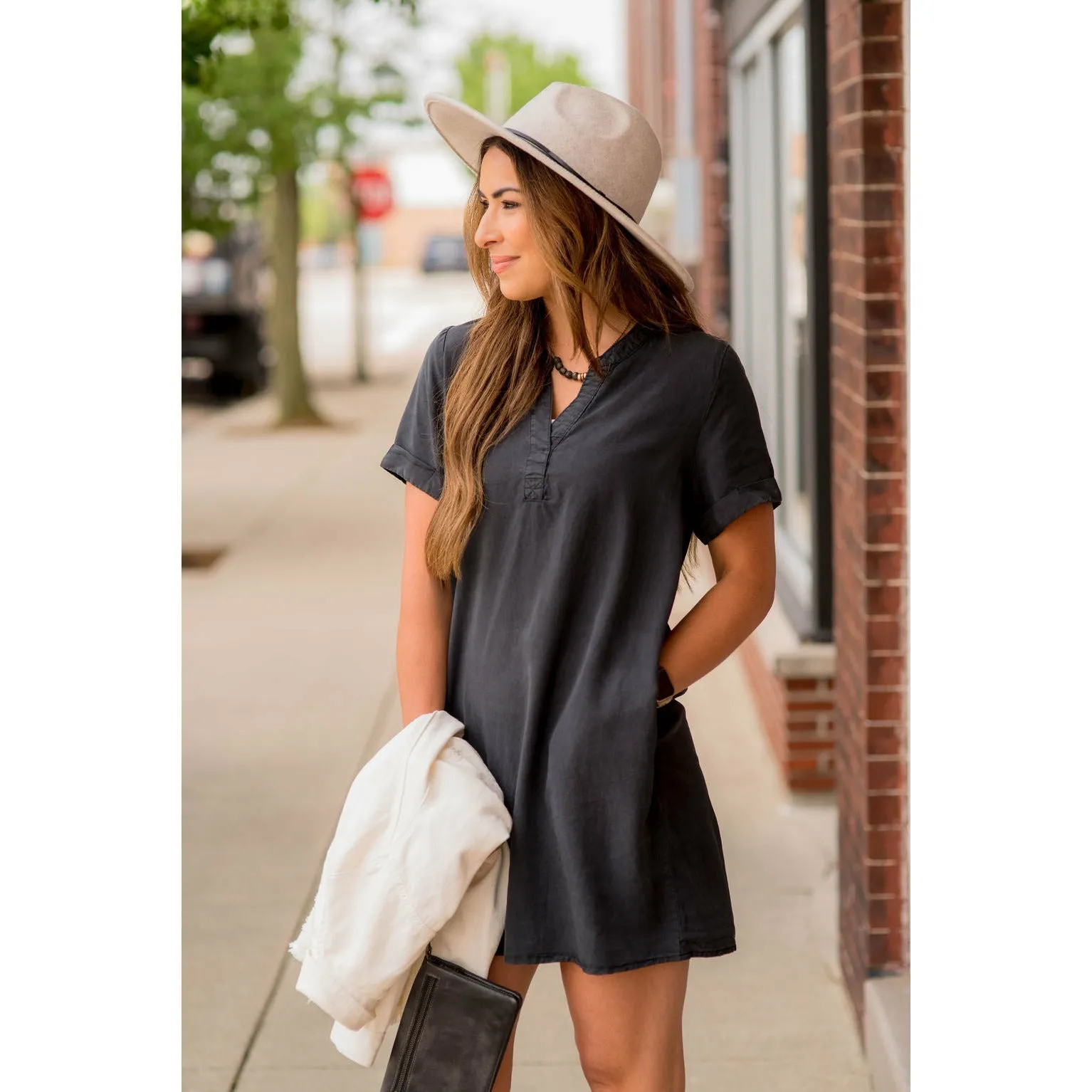 Cuffed Sleeve V-Neck Shirt Dress