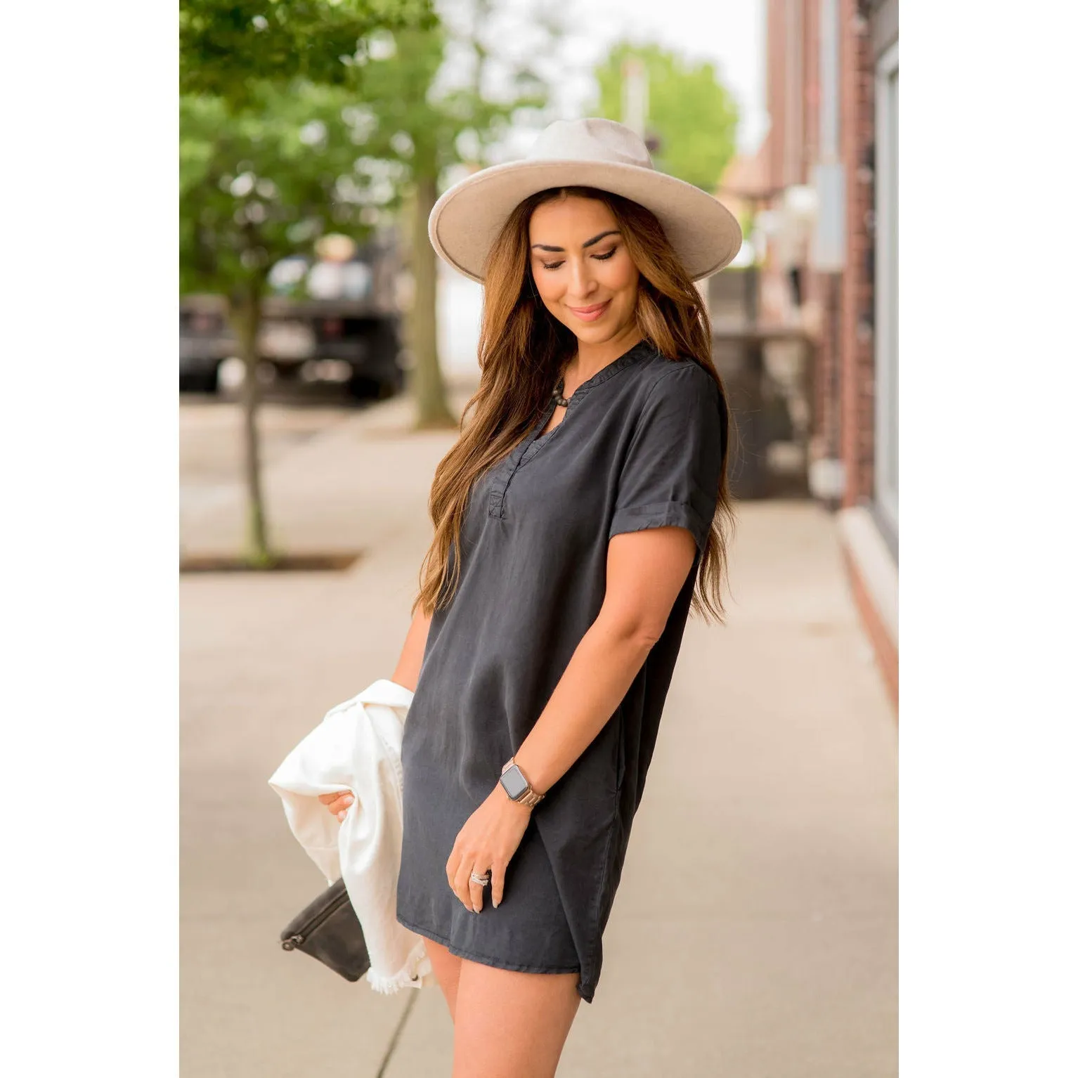 Cuffed Sleeve V-Neck Shirt Dress