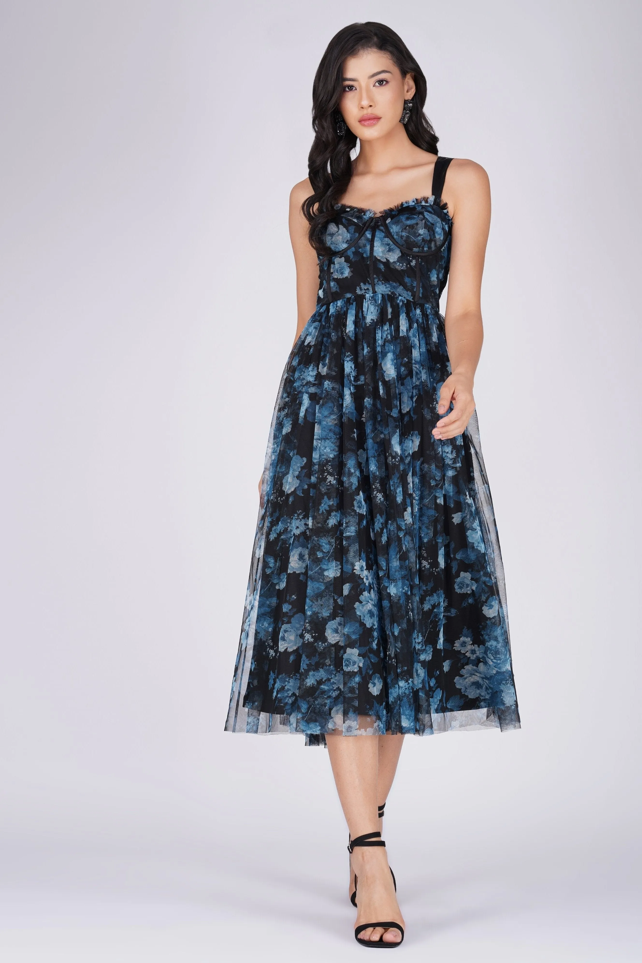 Dane Blue Floral Corset Midi Dress