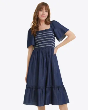 Deana Smocked Dress in Dark Wash