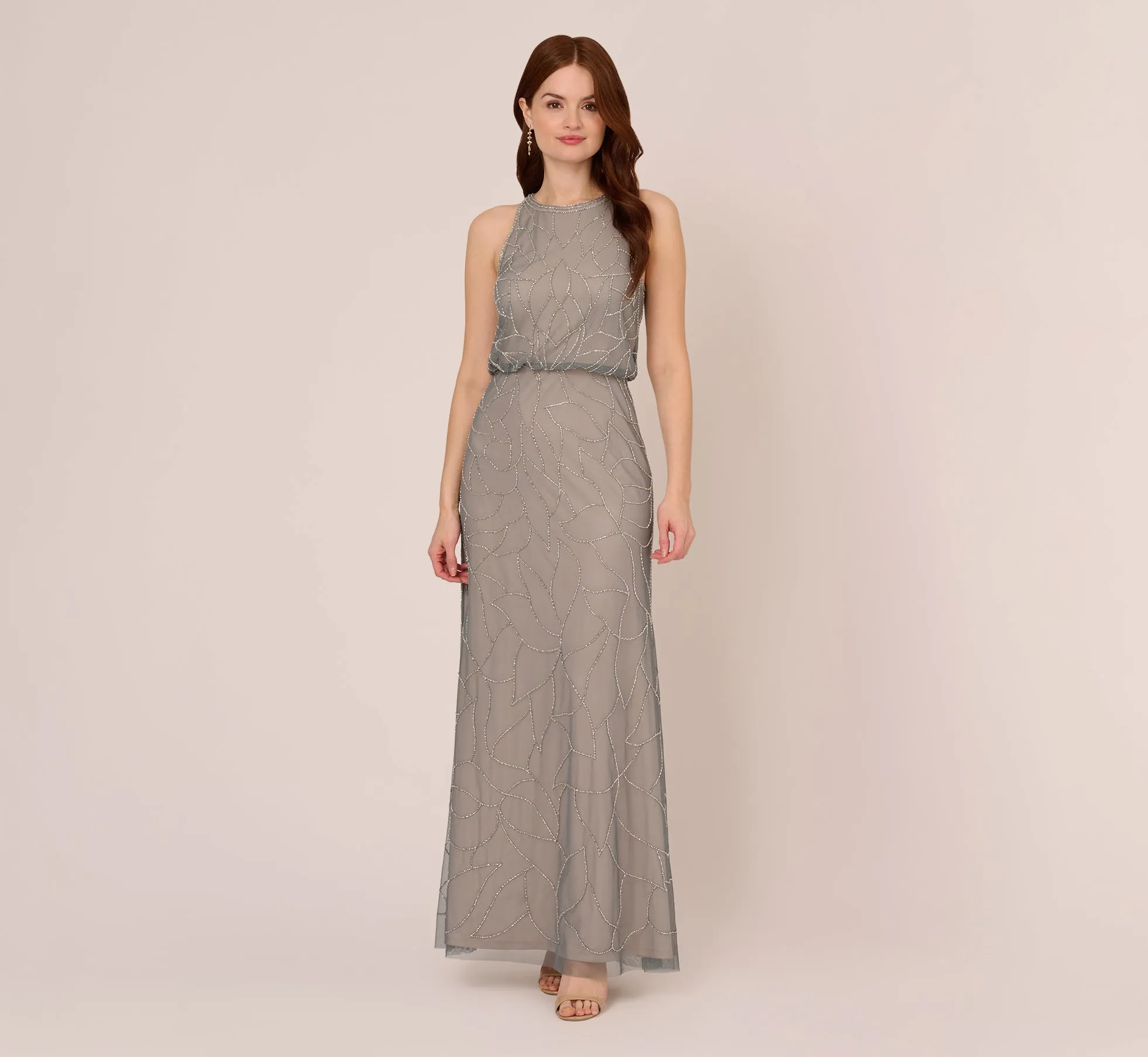 Deco Floral Beaded Blouson Gown With Halter Neckline In Pewter Silver