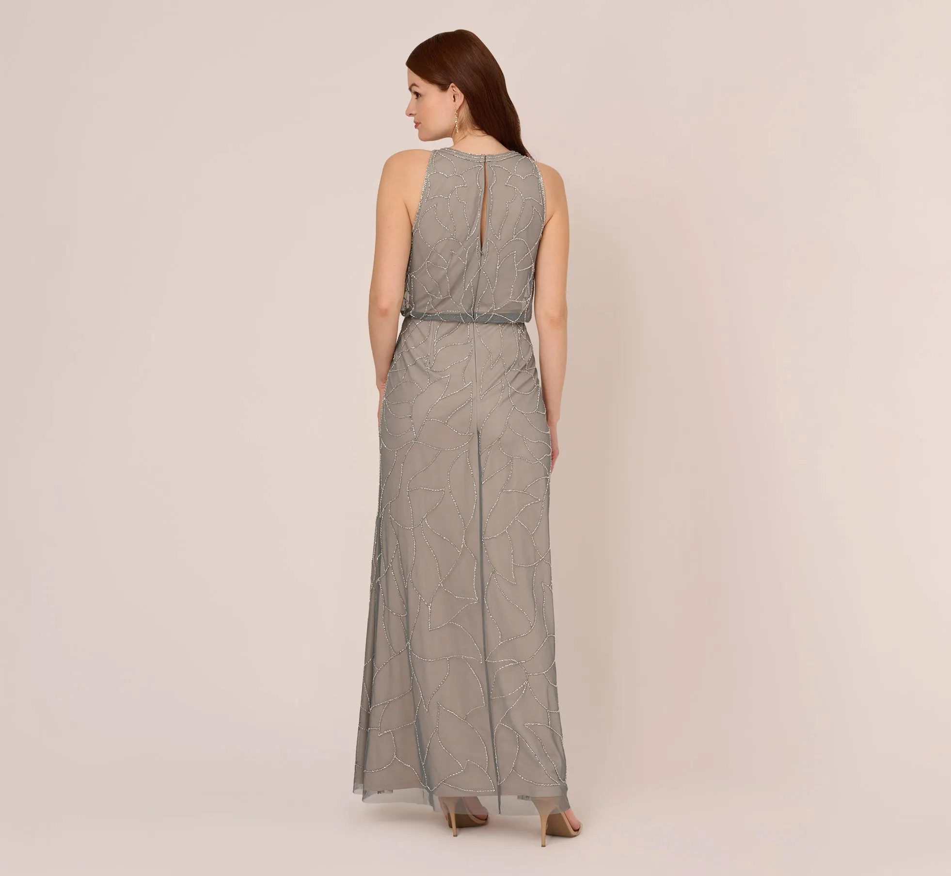 Deco Floral Beaded Blouson Gown With Halter Neckline In Pewter Silver