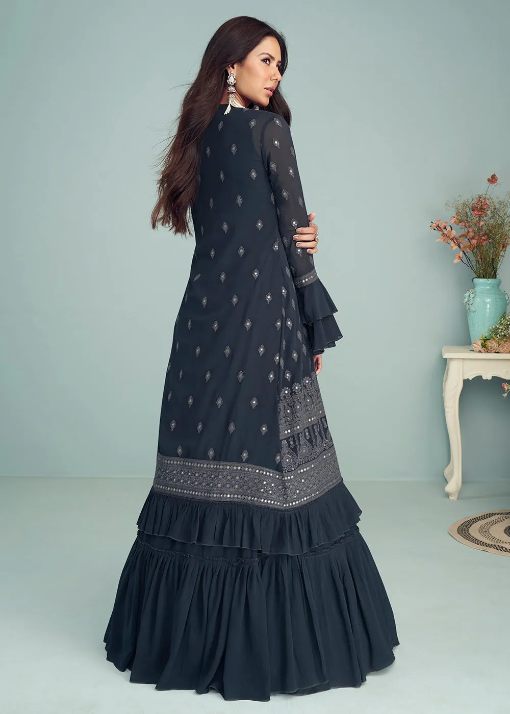 Deep Navy Blue Georgette Embellished Wedding Anarkali Suit