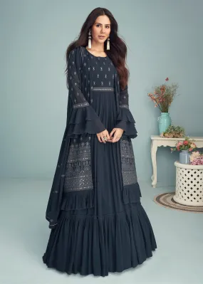 Deep Navy Blue Georgette Embellished Wedding Anarkali Suit